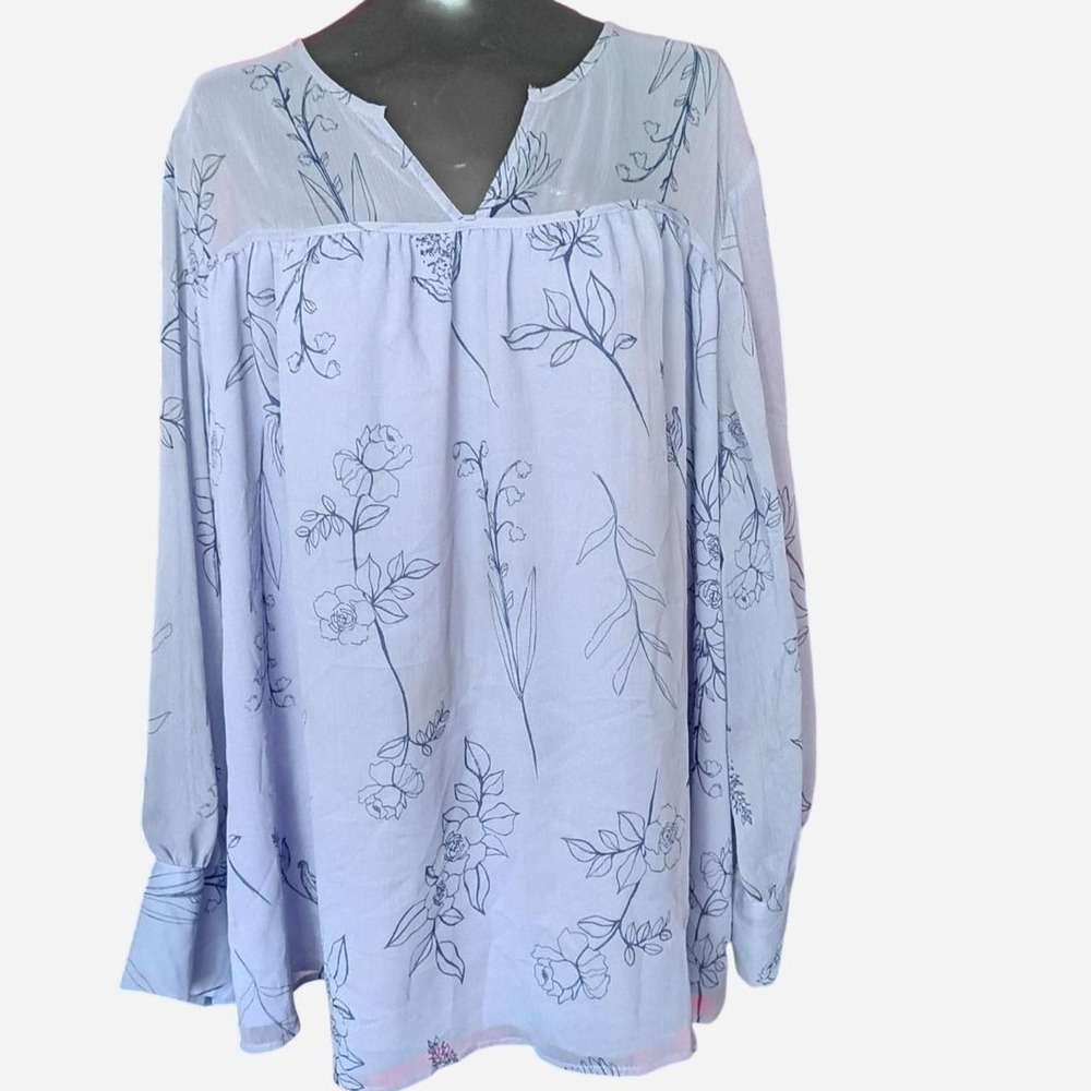 Blue Fairycore Floral Long Sleeve Wide Cuff Three Button Blouse Apt. 9 Size 3XL